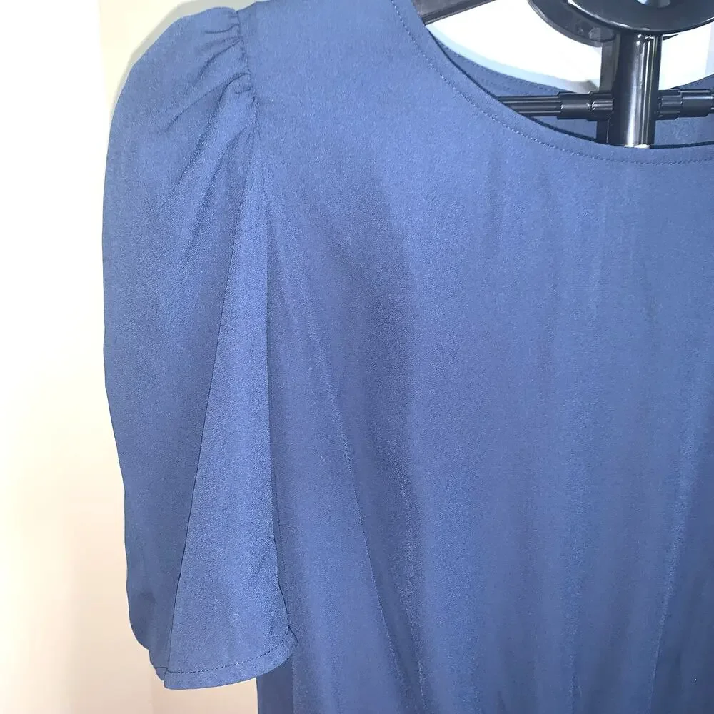 Banana Republic Short Sleeve Blouse Medium Navy Blue Puff Sleeve